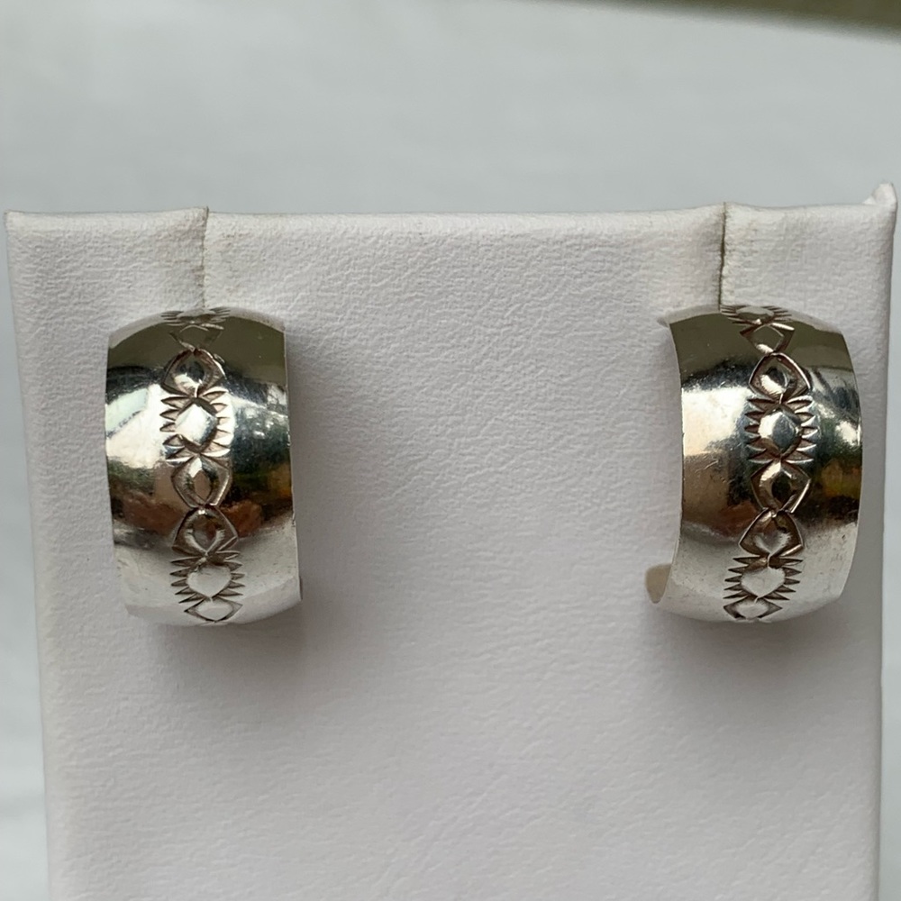 Vintage Navajo Hoop Earrings Hand Stamped Native Design Sterling Silver 925